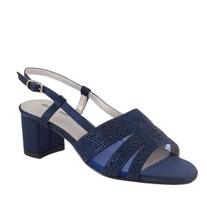 David Tate Sparkle Navy Satin Rhinestone Slingback Block Heel Sandals Women 7N